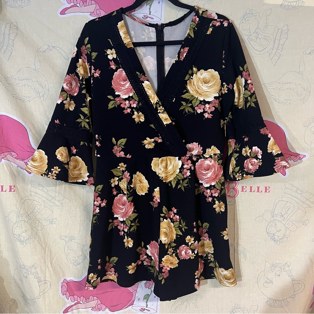 Blu Pepper Black Floral V-neck Romper